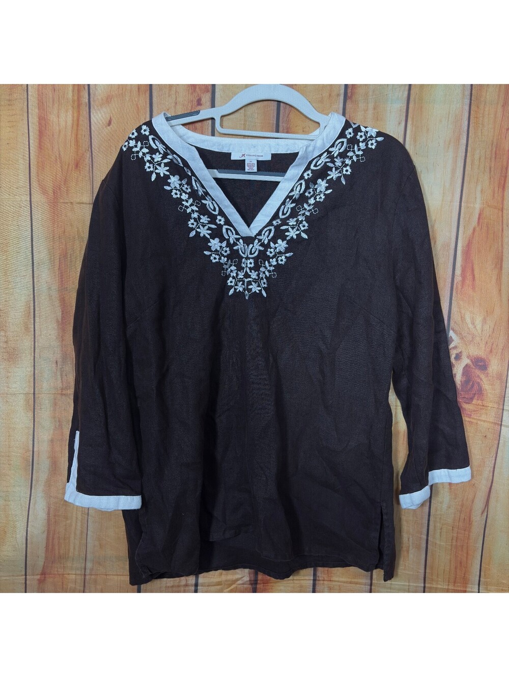 Brown JM Collection Embroidered Linen Blend Tunic Top